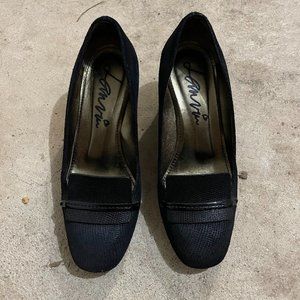 Lanvin Embossed Black Leather Block Medium Heel Pumps 35.5 (5.5)